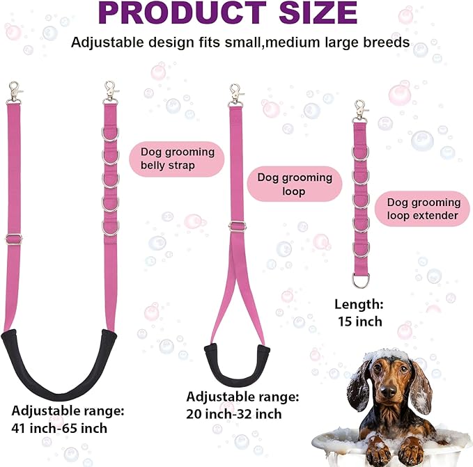 Dog Grooming Belly Strap - 3PCS Grooming Restraint Set Adjustable Belly Band Loops Strap with Padded Support & Loop Extension Straps Pet Grooming Harness Kit for Dogs (Pink)
