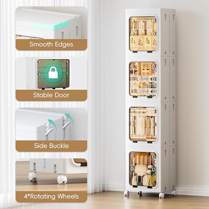 JEKO&JEKO 195 Qt Narrow Bathroom Storage Cabinet, 4-Tier Slim Tall Cabinet Organizer with Wheels, Foldable Plastic Storage Bin for Small Spaces, White