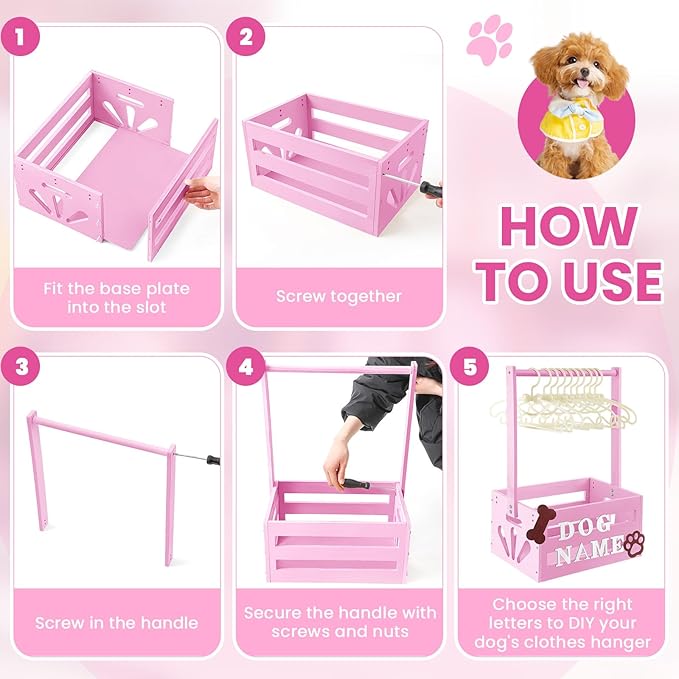20 x 13 x 9 Wooden Dog Closet Pet Wardrobe Crate Box with Hanging Rods and Personalized Alphabet Letters Easy Assembly Baskets for Dog Cat Toys Clothes Accessories(Pink)