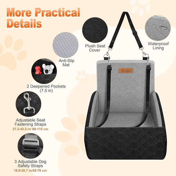 Elevated Dog Car Seat, Dog Booster Car Seats for Small & Medium Breeds Up to 35lbs, Fully Detachable and Washable, Memory Foam Pet Carseat with 2 Storage Pockets & 3 Safety Belts, Black & Gray