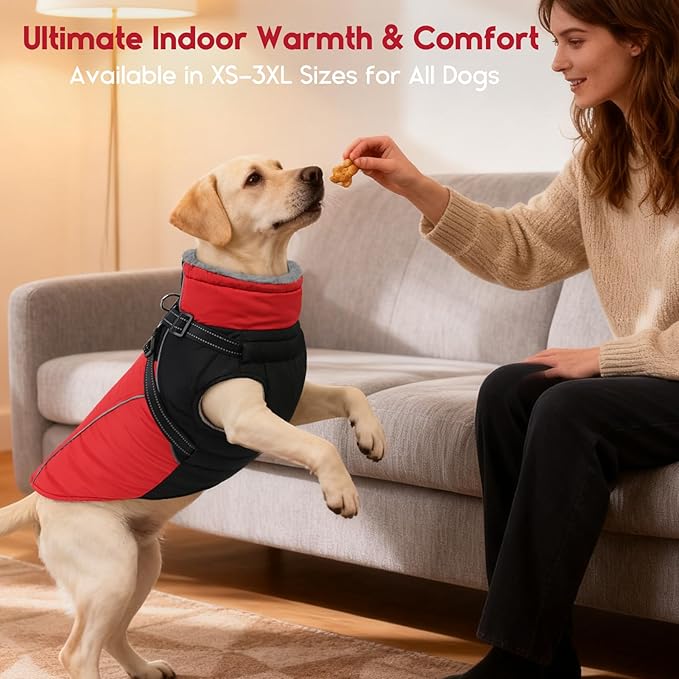 ASENKU Reflective Dog Coat with Built-in Harness, Windproof Fleece-Lined Dog Jacket for Small, Medium, Large Dogs, Warm Winter Vest with Turtleneck & Zipper (Red 2XL)