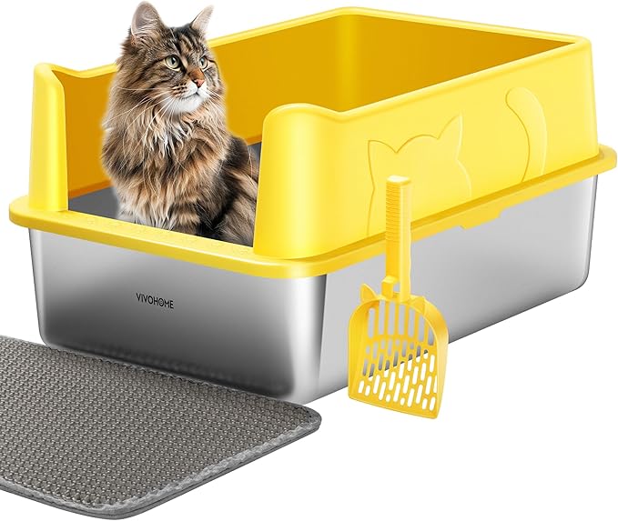 VIVOHOME XL Stainless Steel Cat Litter Box with Lid, Extra Large Litter Pan with High Sides, Easy Clean, Include Double Layer Litter Mat and Scoop, Yellow