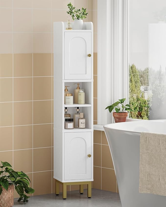 Slim Bathroom Storage Cabinet, Narrow Bathroom Organizers and Storage with 4 Adjustable Feet, Laundry Room Organization for Small Space, Kitchen, Living Room, 2 Doors White BC22413G