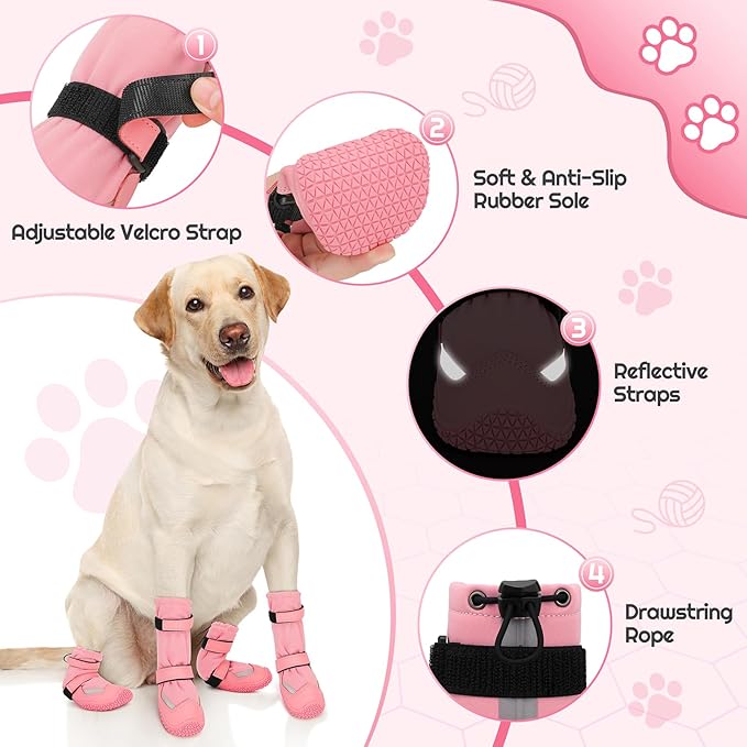 Dog Shoes, Waterproof Dog Boots & Paw Protectors, Breathable Dog Booties with Anti Slip Sole for Winter Snowy Day, Rainy Weather Indoor and Outdoor (Size 2, Pink)