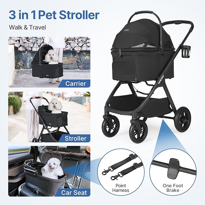 X-5 Luxury Pet Stroller for Medium Dog Under 55lbs or 2 Small Dogs & Cats, One-Touch Folding, Adjustable Handle and Detachable Carrier (Inflatable-Wheels Black)