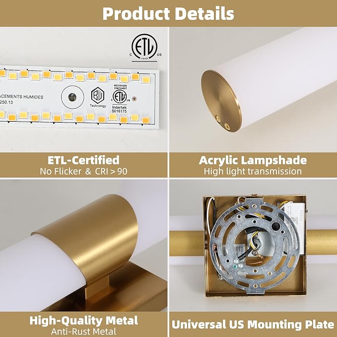 Gold Wall Sconce 5CCT Dimmable Bathroom Sconce with Acrylic Shade LED 15 inch Hardwired Wall Light Fixtures for Bathroom Living Room Bedroom Hallway