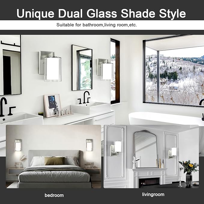 Kalium Wall Sconces Set of Two Modern Vanity Lights with Double Clear Glass Shade Brushed Nickel Indoor Farmhouse Wall Light for Bathroom Living Room Bedroom Hallway Bulb E26 Base (2PCS)