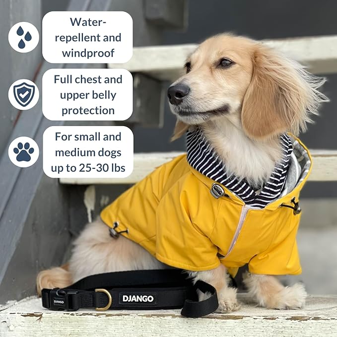 DJANGO Highland Dog Jacket & Raincoat – Water-Repellent, Lined Dog Coat with Hood, Adjustable Fit & Harness Hole – Lightweight Rain & Wind Jacket for Small & Medium Dogs up to 30 lbs (Olive, Small)