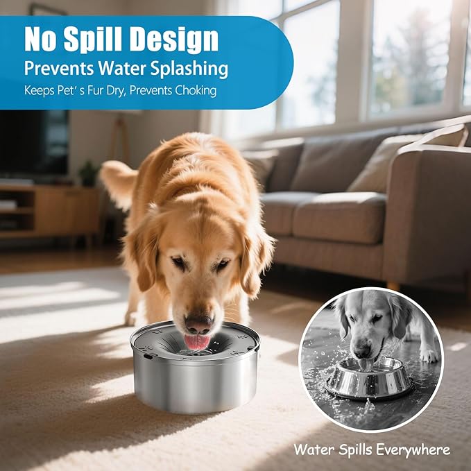 No-Spill Dog Water Bowl — 3L Stainless Steel, Floating Disk, Anti-Splash (Gray)