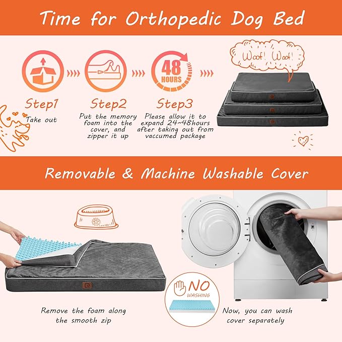 EHEYCIGA Memory Foam Dog Bed Orthopedic 35"x23"，Waterproof Pet Bed for Larged Size Dogs ，Washable Pet Mat with Removable Cover,Dark Grey