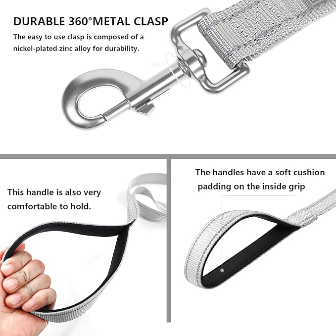 Dog Leash 6 FT Padded Handle Nylon Reflective Dogs Leashes for Medium Dogs Silver