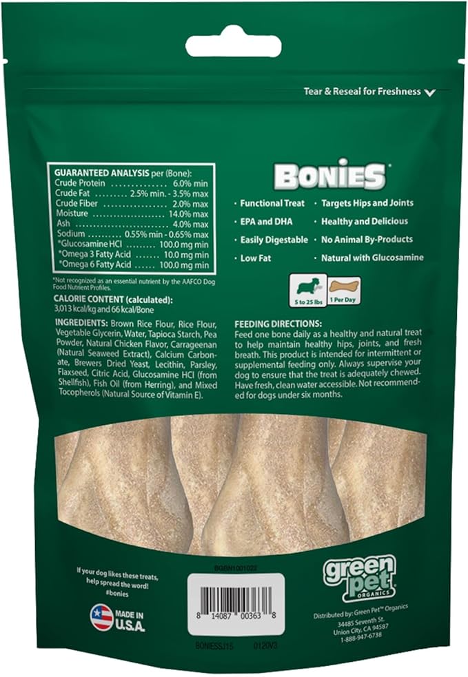 Bonies Natural Hip & Joint Formula Small-Sized Single Bone, Glucosamine & Omega Fatty Acids, Fresh Breath, Clean Teeth, Low Calories, Chicken Flavor, Small Dogs, 20 Bones