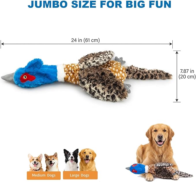 24” Jumbo Quilted Duck Dog Toy – Durable Tie-Dye Plush Bird with Double Squeakers & Crinkle Sound, No Stuffing Interactive Toy for Medium & Large Dogs