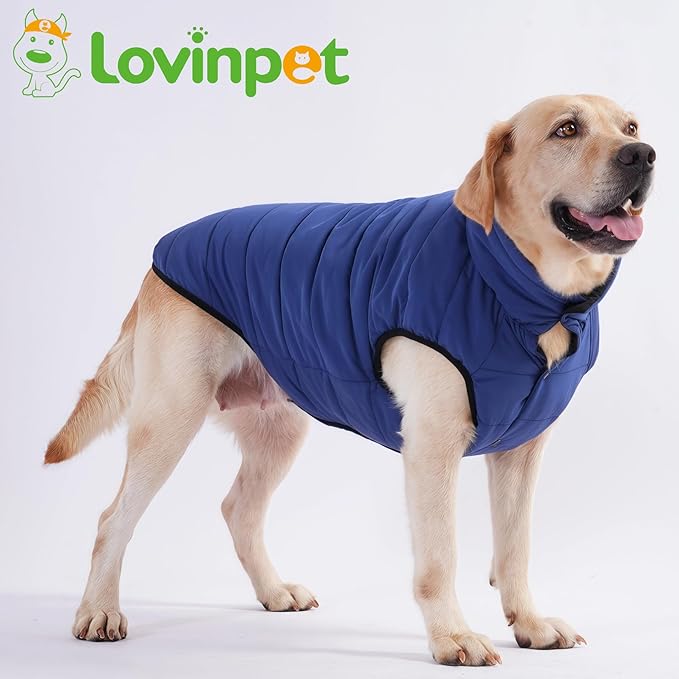 LovinPet Reversible Dog Puffer Coat for Medium & Large Dogs, Down‑Insulated Winter Jacket, Water‑Resistant & Wind‑Resistant, Anti‑Static, Dual-Sided Blue & Black for Cold Weather,L