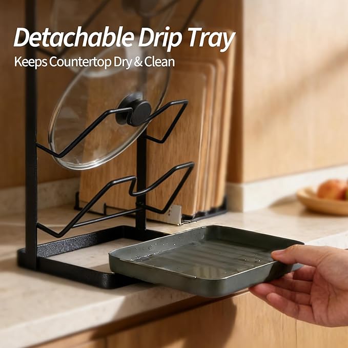 Pot Lid Organizer Rack 3 Tier, Stainless Steel Pot Lid Holder for Countertop & Wall Mount, Multifunctional Pan Cover & Cutting Board Stand with Removable Drip Tray and Spoon Rest, Rustproof