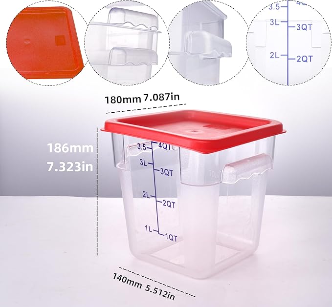 2 Pack RED Square Food Storage Container With Lid,Commercial Storage Box With Scale & Handle,Cake Making,Dough Marinating Meat,Kitchen Supplies (4 Quart)