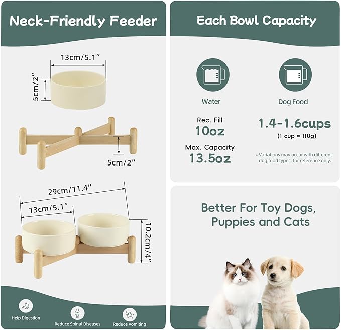 Ceramic 5.1inch Raised Double Bowls Set with Wooden Stand, Elevated Food & Water Bowls for Small Breed Dogs, Cats, Kitty, Weighted Dog Dishes, Pet Bowls(13.5oz, Light Yellow)