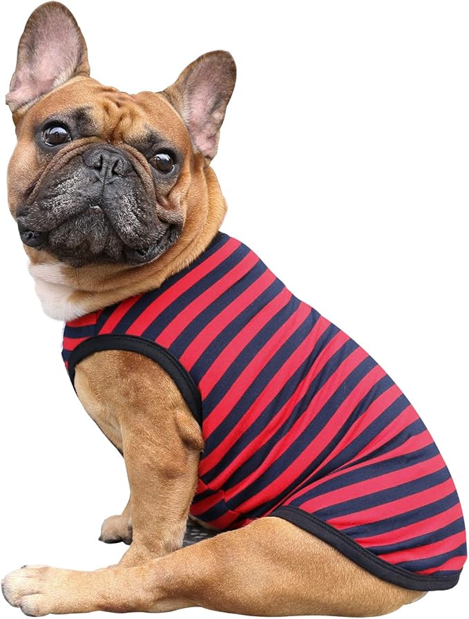 iChoue French Bulldog 100% Breathable Cotton Striped T Shirts Halloween Vest Clothes for Medium Dogs Tank Tops Frenchie Pug English Boston Terrier Pitbull Red Blue Stripes - Large Plus