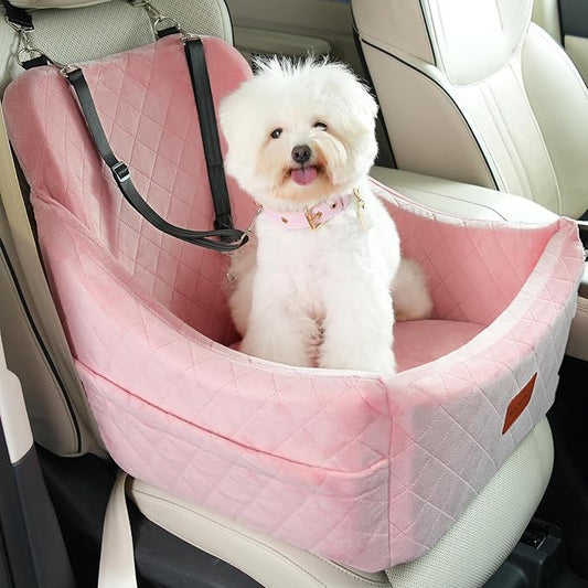 Dog Car Seat for Medium Dogs, Pet Travel Bed with Seat Belt Channel, Fully Detachable and Washable, 3 Straps Easy to Install (Pink)