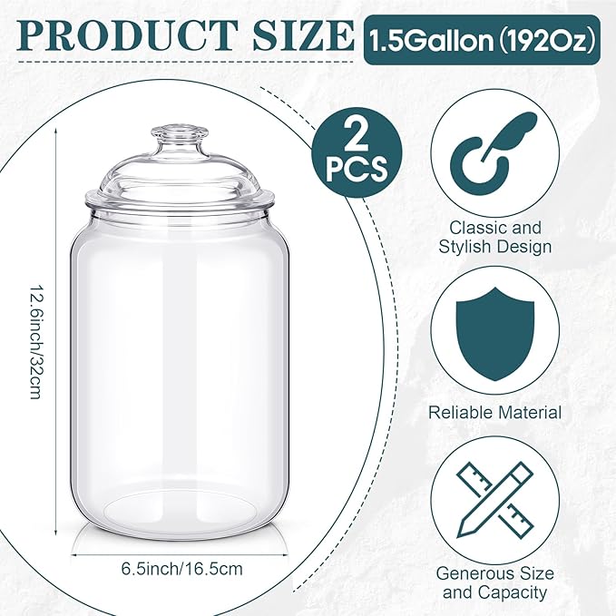 Nuogo 2 Pcs 1.5 Gallon 192 oz Candy & Cookie Jar Plastic Jars with Lids Decorative Apothecary and Candy Buffet Container Clear Airtight Food Storage Canister (Classic Style)