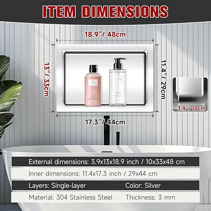 No Tile Needed Shower Niche 13"X 19", Bathroom Wall Niche Single Shelf, Stainless Steel Shower Niche for Bathroom, Kitchens, Balconies