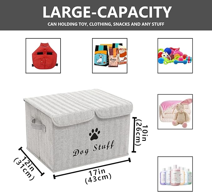Dog toy box with lid dog storage organizer perfect basket for dog toys living room, playroom, closet, home organization and storage - Gray Stripe