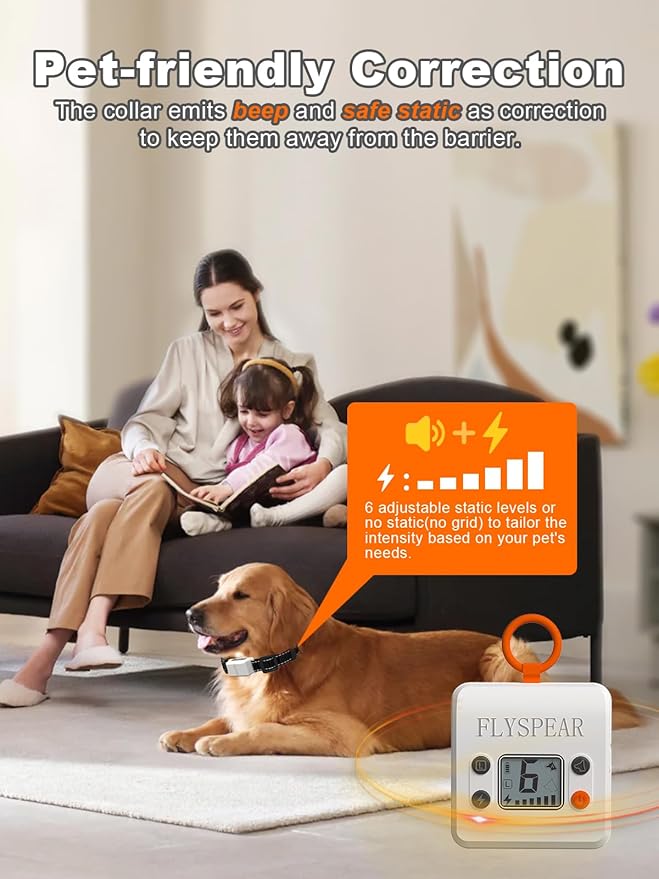 FLYSPEAR Wireless Pet Barrier - Rechargeable Indoor Barrier with 6 Adjustable Range Radius up to 7 ft, 6 Adjustable Safe Static Intensity, Electric Fence System for Dogs with Hook