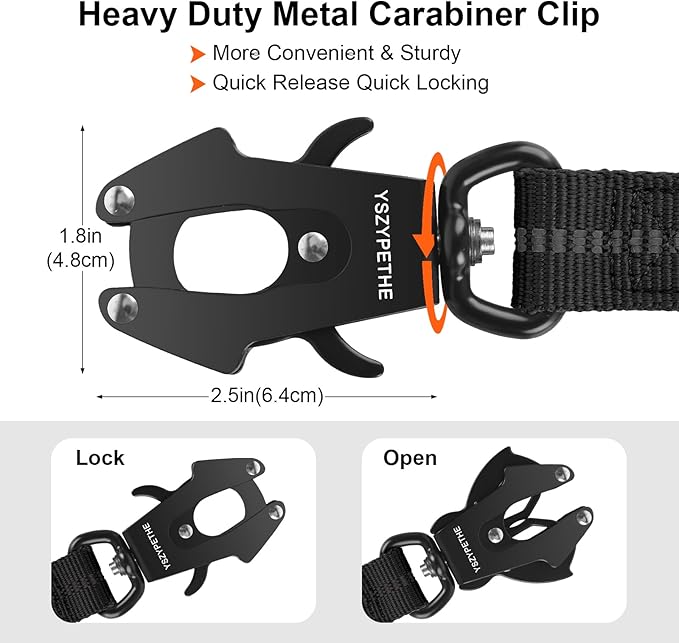 Heavy Duty Dog Leash, 4-6 Ft Shock Absorbing with Heavy-Duty Seatbelt Buckle & Dual Handles - No Bungee, for Medium to Large Dogs (Black)