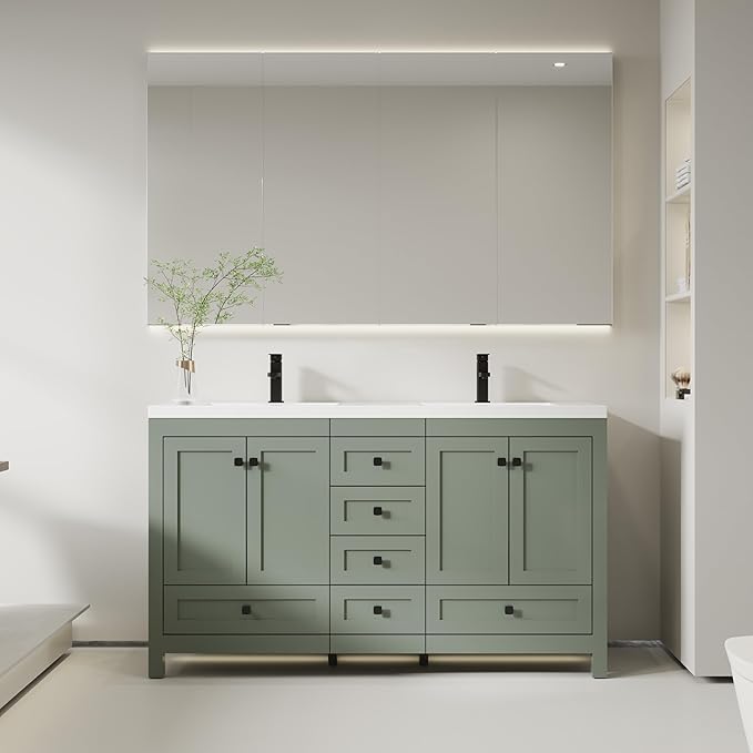 eclife 60" Bathroom Vanities with Sink Combo, Modern Thickened Wood Bathroom Storage Cabinet w/Undermount Double Sink, Matte Black Faucet Drain, Painted Surface, Green