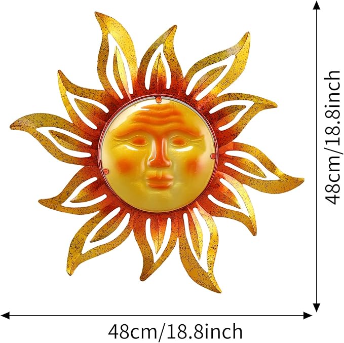 Metal Sun Outdoor Wall Art Decor Large 19 Inch, Hanging for Indoor Outdoor Patio Garden Fence Deck Yard Pool Wall Sculpture Decoration for Living Room Bedroom Colorful Unique