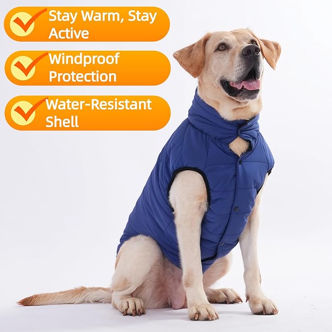 LovinPet Reversible Dog Puffer Coat for Medium & Large Dogs, Down‑Insulated Winter Jacket, Water‑Resistant & Wind‑Resistant, Anti‑Static, Dual-Sided Blue & Black for Cold Weather,2XL