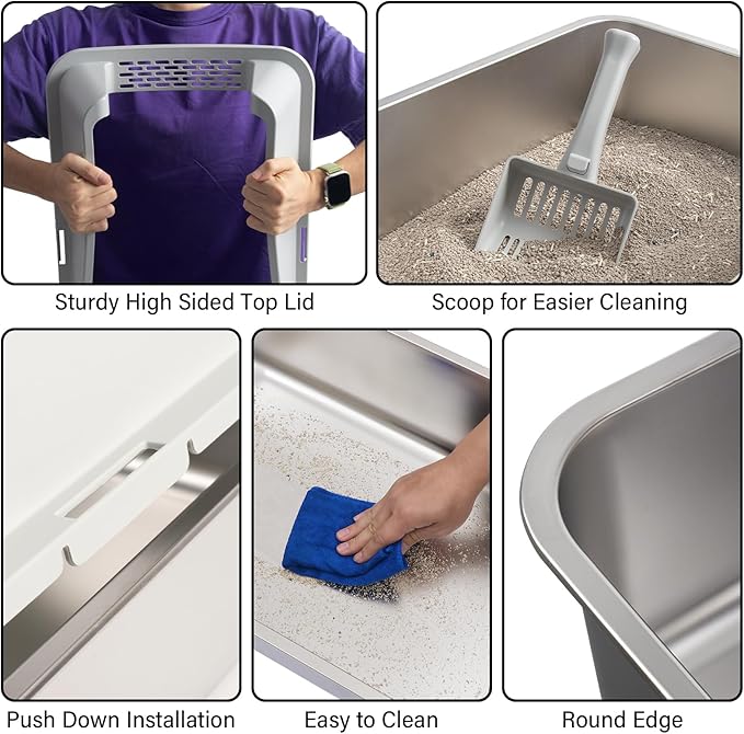 Stainless Steel Litter Box with Lid,XL Metal Cat Litter Box,Extra Large Litterbox for Big with High Sides,Non-Stick, Odor-Free,Easy to Clean,Include Litter Mat &Scoop,23x14.6x10in