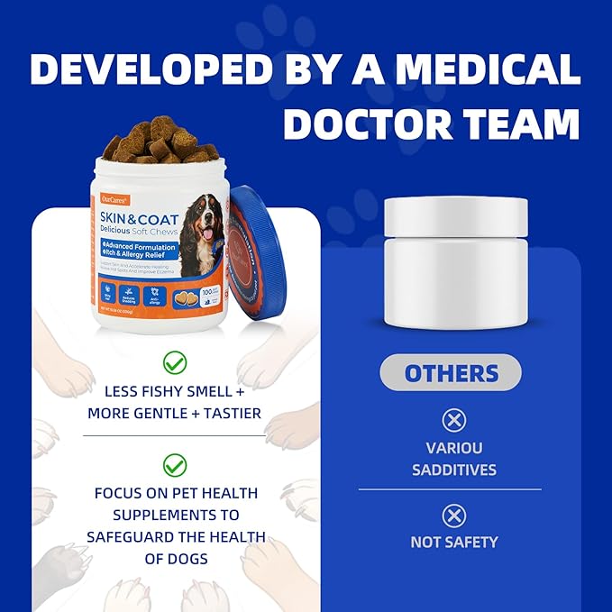 Fish Oil Soft Chews for Dogs, Omega 3 for Dogs Soft Chews, Dog Fish Oil Treats for Skin & Coat, Low-Fishy Formula, Daily Supplements for Dogs, Dog Food Companion (Chicken Flavor, 100 Ct)
