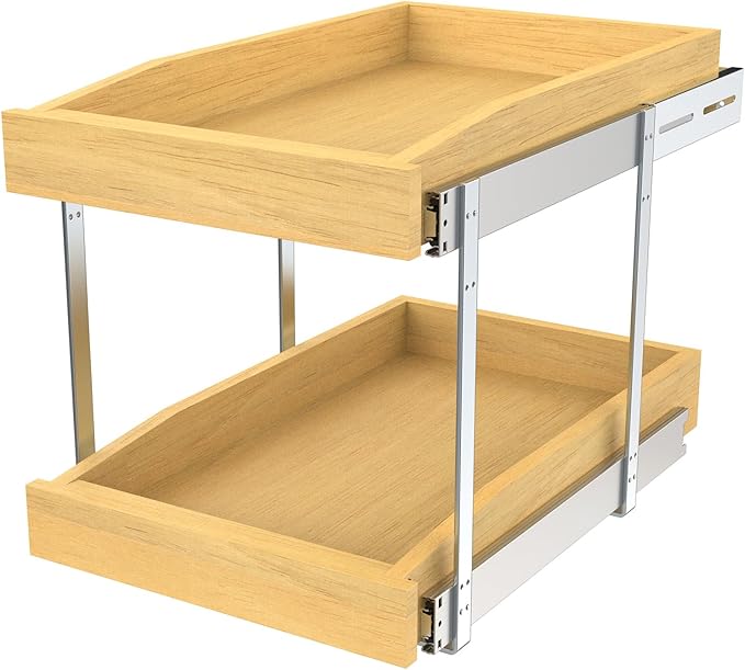 2 Tier Pull Out Cabinet Organizer, 23"W x 21"D Solid Wood Heavy-Duty Base Bottom Assembly Slide out Drawer Shel Cabinet Organization for Kitchen, Pantry, Bathroom