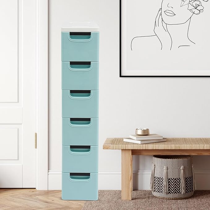 6 Drawers Storage Cart Rolling Storage Drawer Cart Narrow Plastic Dresser Rolling Organizer Cart Storage Unit on Wheels Bathroom Art Craft Supplies Mobile Slim Utility (Blue)