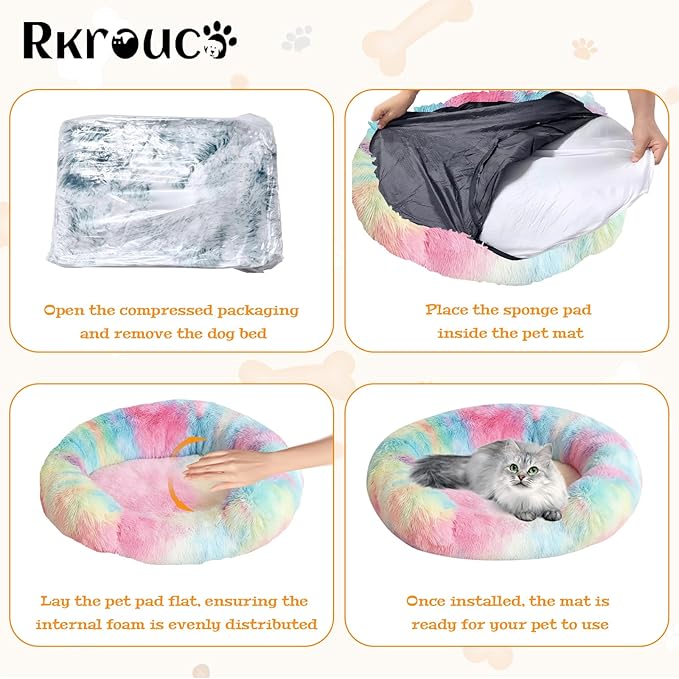 Fluffy Dog Bed Calming Donut Beds for Large Dogs Warming Round Small Medium Pet Nest Cozy Cat Mattress Indoor Washable Puppy Kennel Kittens Sleep Mat (XS, 20×20 inch, Rainbow)