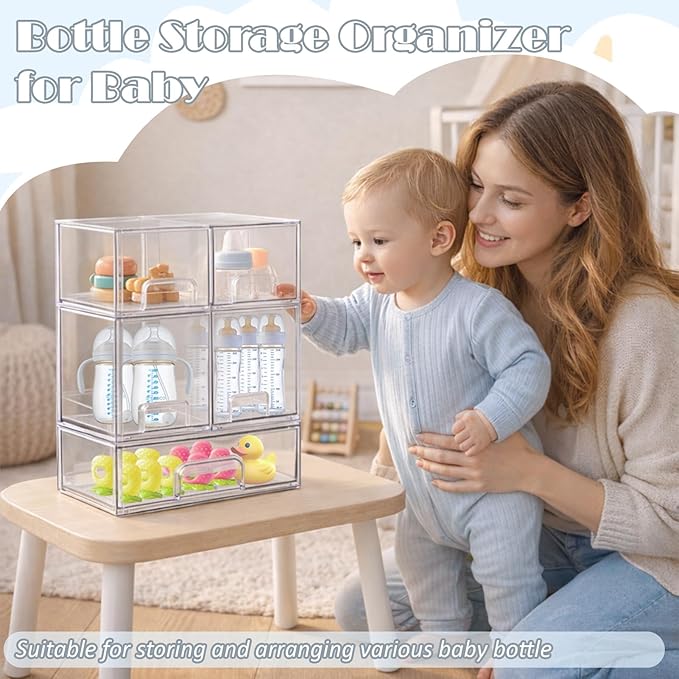 Baby Bottle Organizer-5 Pack Stackable Storage Drawers, Baby Organizers and Storage with Hooks, Clear Acrylic Multipurpose Bottle Storage for Countertop,Kitchen,Cabinet,Vanity,Bathroom
