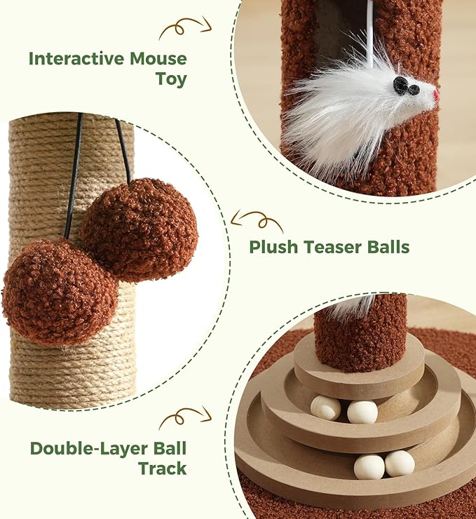 Made4Pets 27" Tall Cat Scratching Post with Sisal Rope, Interactive Hanging Balls, Toy Mouse and Two-Layer Ball Track Kitten Toys, Palm Tree Cat Scratcher Tower for Indoor Cats and Kittens