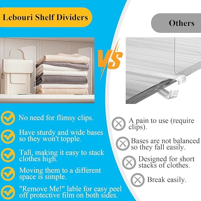 Shelf Dividers for Closet Organization: 12" Tall x 10" Deep Acrylic Closet Shelf Dividers for Clothes Sweater Purse - Clear Organizers and Storage Separators for Home Space Saver Enthusiasts