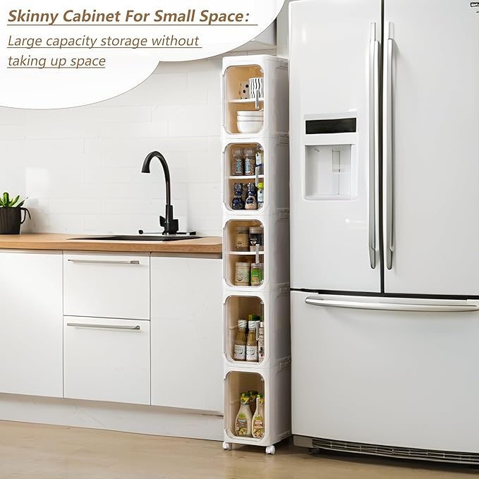 5-Tier Narrow Storage Cabinet Slim Bathroom Storage Cabinet with Movable Wheels Tall Bathroom Organizer Skinny Cabinet for Small Spaces，Beige