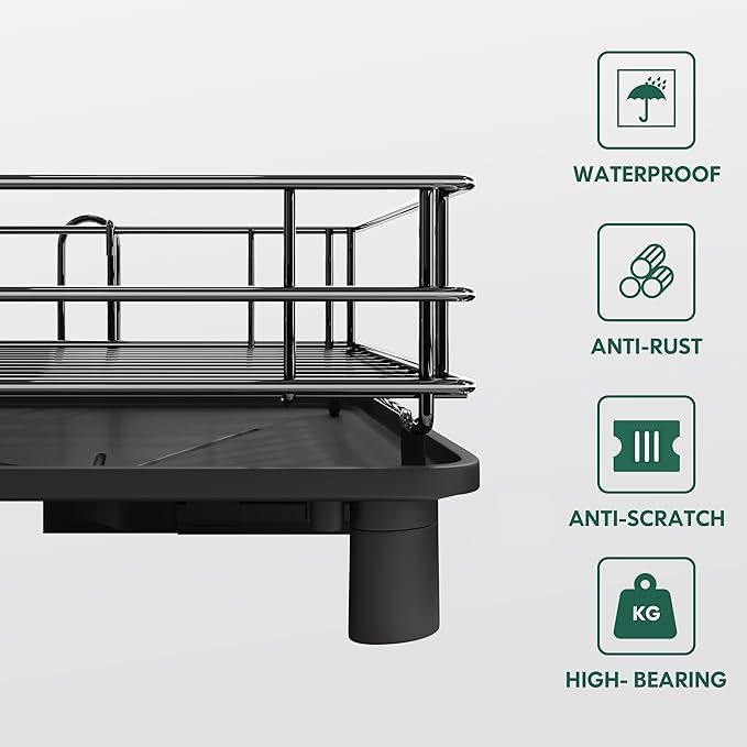 JASIWAY Black Stainless Steel Dish Drainers Drying Rack for Kitchen Counter with Drainboard, Rust Proof Metal, Space Saving, Modern Aesthetic, Compact Plates Strainers with Extra Mat