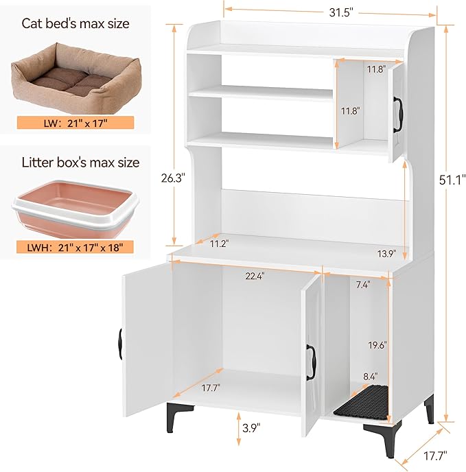 IDEALHOUSE Cat Litter Box Enclosure with Shelves and Doors,Wood Sturdy Hidden Litter Box Furniture,Indoor Cat House Furniture for Most of Litter Box,Litter Box Cabinet,White