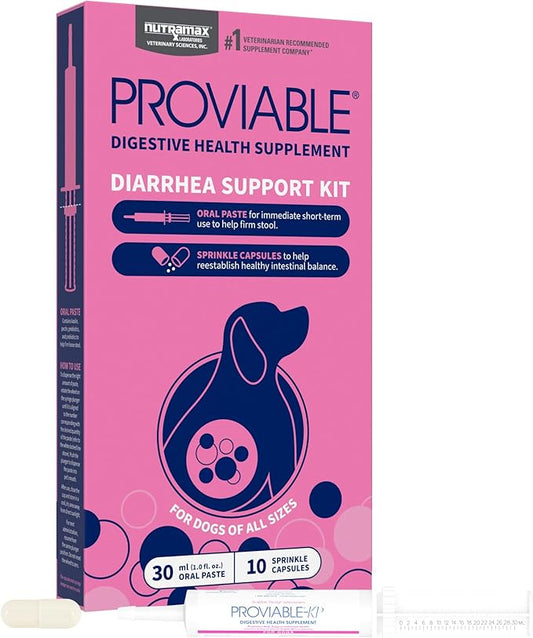Nutramax Proviable Probiotics for Dogs, Diarrhea Support Kit, Digestive Health Supplement with Multiple Strains of Bacteria, Plus Prebiotics, Kaolin and Pectin, 30 ml Paste and 10 Capsules