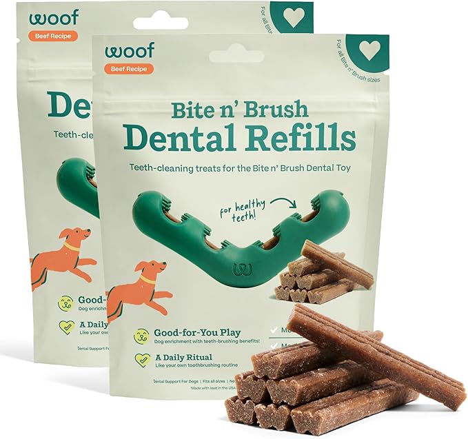 WOOF - Bite n' Brush Refills Treats for the Dog Toothbrush Toy - Scrub Plaque and Tartar from Your Dog's Teeth and Mouth - Dog Dental Sticks - 36 Refills - Beef - 2 Pack