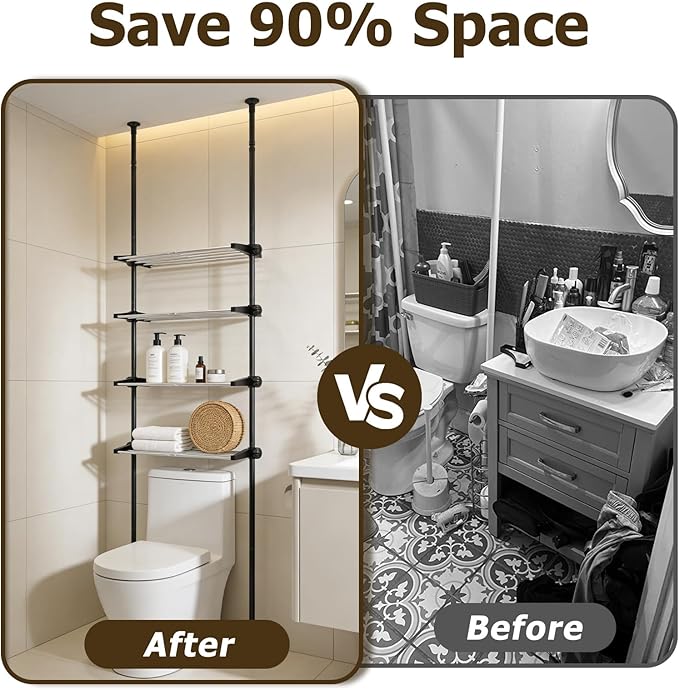 4 Tier Over The Toilet Storage 97-116” Over Toilet Bathroom Organizer with Adjustable Shelf Slim Behind Toilet Shelf for Toilet Paper Towel Plants (Black)