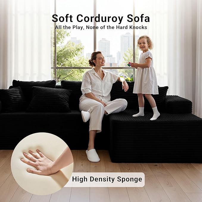 Claiks 104" Boneless Couch, Cloud Couch Sectional, L-Shape Corduroy Modular Sectional Sofa Deep Seat, Upholstered Couches for Living Room, No Assembly Required, Black, Right Facing Chaise