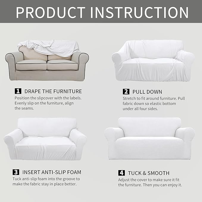 Easy-Going Stretch Oversized Loveseat Slipcover 1-Piece Sofa Cover Furniture Protector Couch Soft with Elastic Bottom for Kids Polyester Spandex Jacquard Fabric Small Checks Snow White