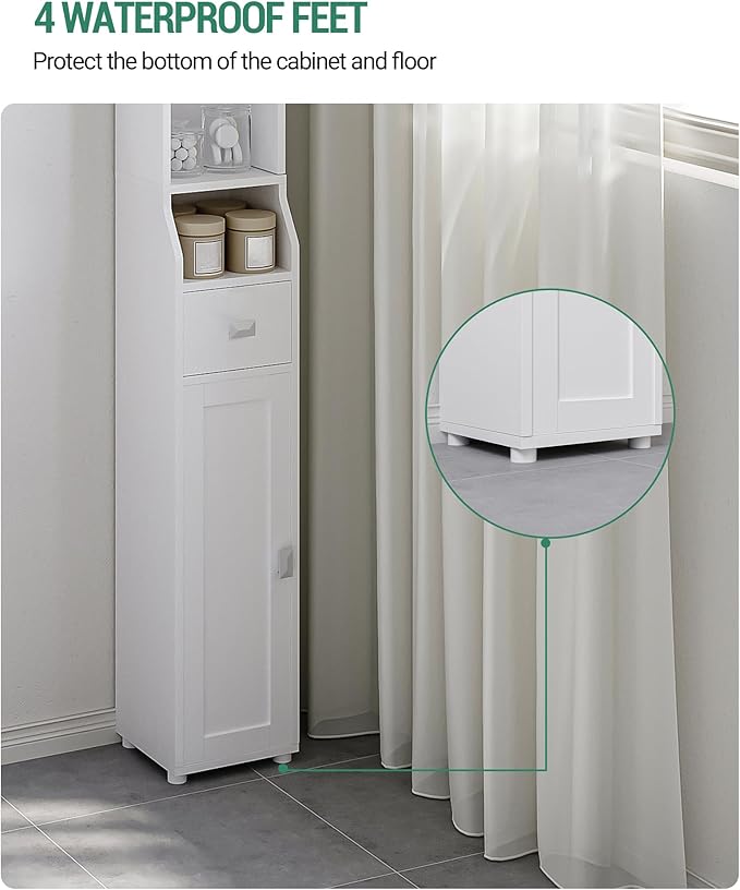 Bathroom Storage Cabinet, Narrow Tall Bathroom Cabinet, Freestanding Floor Cabinets with 2 Doors and 1 Drawer, Toilets Organizer with Adjustable Shelf, 1 Hook for Small Spaces, White