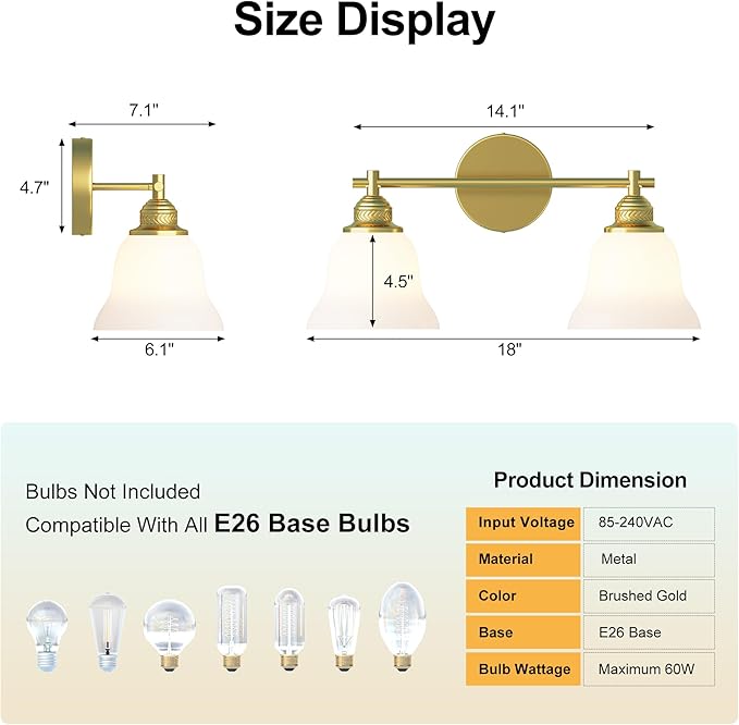 Bathroom Light Fixture, 2-Light Vanity Wall Sconce with Glass Shades, Gold Finish, Light Fixtures Over Mirror for Bathroom, Bedroom, Living Room, Hallway, 18inch