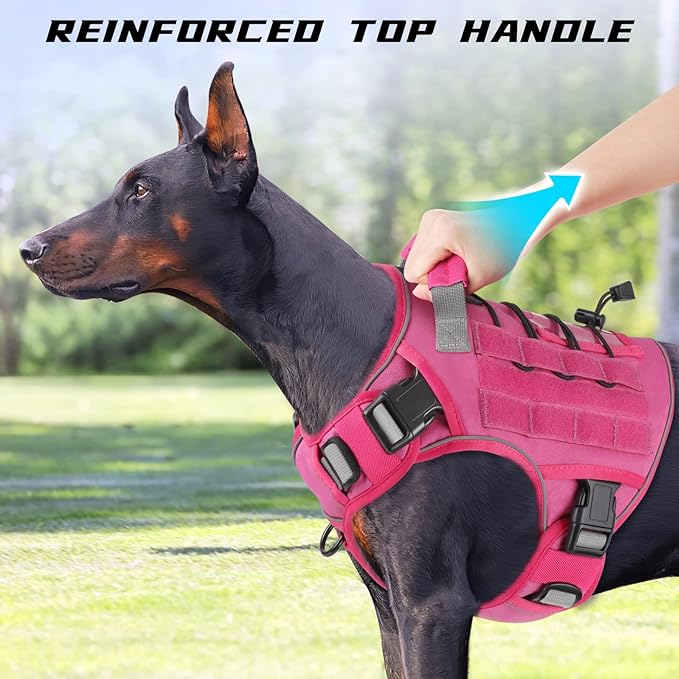 WINGOIN Pink Tactical Dog Harness for Large Dogs, Heavy Duty No Pull Dog Harness with Handle, Adjustable Reflective Military K9 Big Pet Vest for Husky, Doberman, Walking, Training, Hunting (XL)